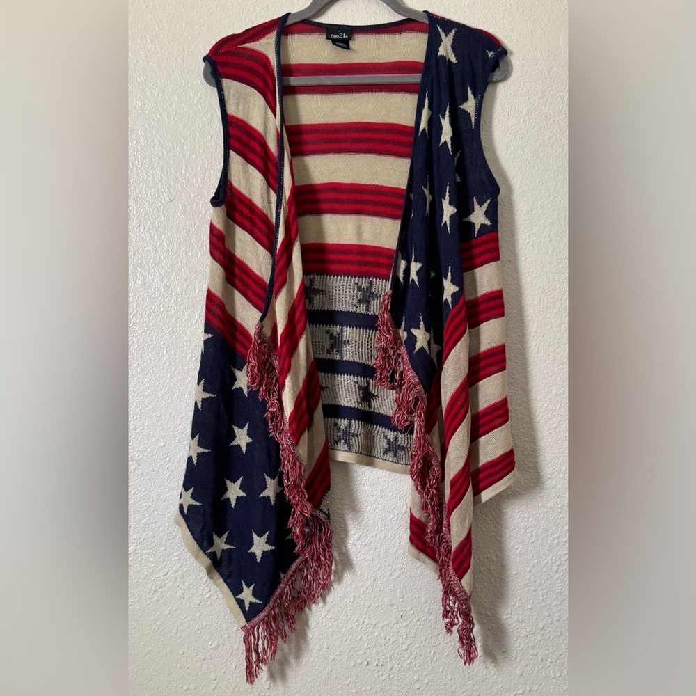 American Flag W Sz.XS Fringe CardiganVest Boho Hippie Festival 4th of July Rodeo